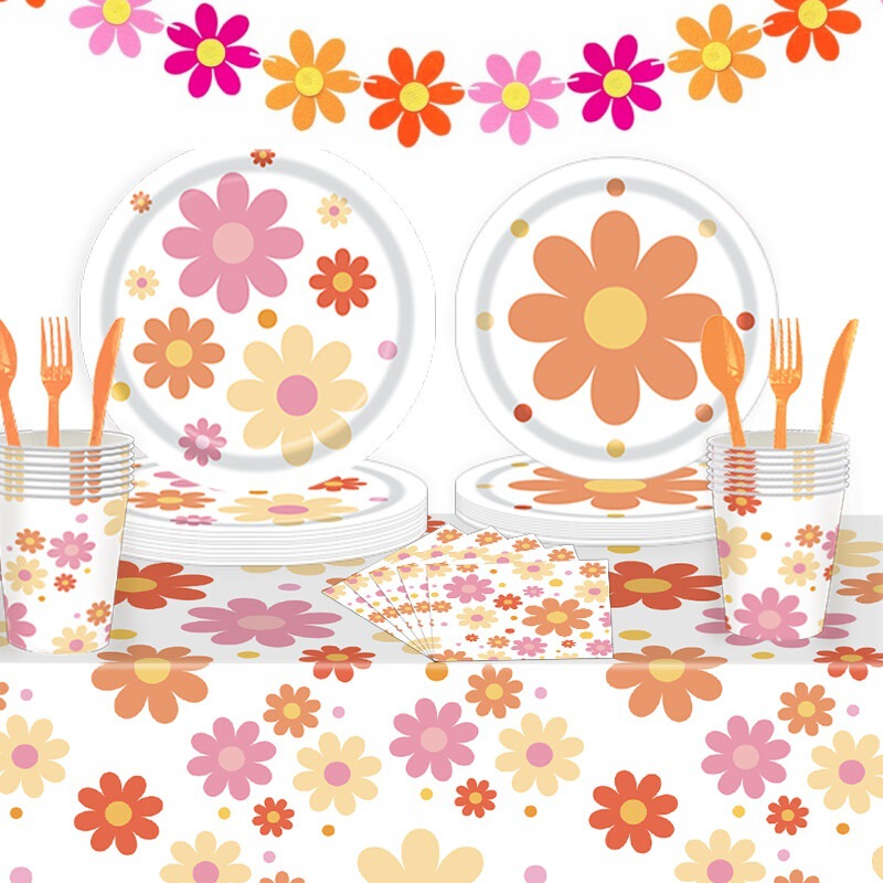 Bohemian Daisy Party Theme Tableware Flower Hippie Decorative Supplies Paper Tray Paper Cup Paper Tissue suit
