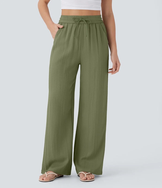 2026 Cross-Border Amazon High-Waisted Drawstring Side Pocket Casual Spring and Autumn Linen Pants Wide-Leg Pants Flowy Beach Pants Elastic 2026 Cross-Border Amazon High-Waisted Drawstring Side Pocket Casual Spring and Autumn Linen Pants Wide-Leg Pants Flowy Beach Pants Elastic