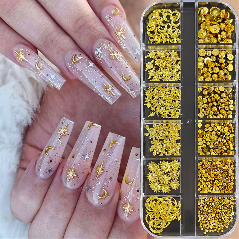 Nail Art 12-Compartment Metal Rivet Cross Starfish Cactus Nail Decoration Set Concert Face Sticker Accessories