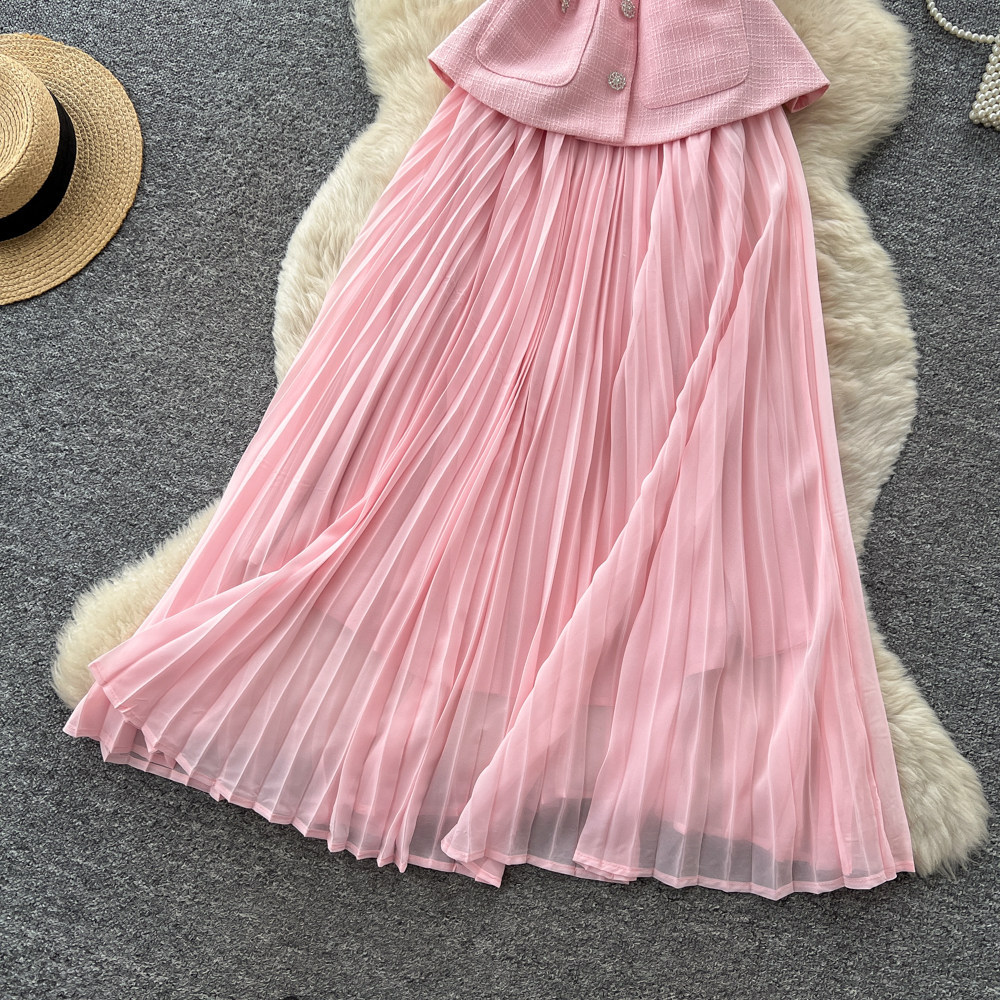 Inspired Pink A-Line Dress Short Sleeved High Waisted Fitted Long Skirt Luxurious Feel Women's Clothing_ecoleips.com