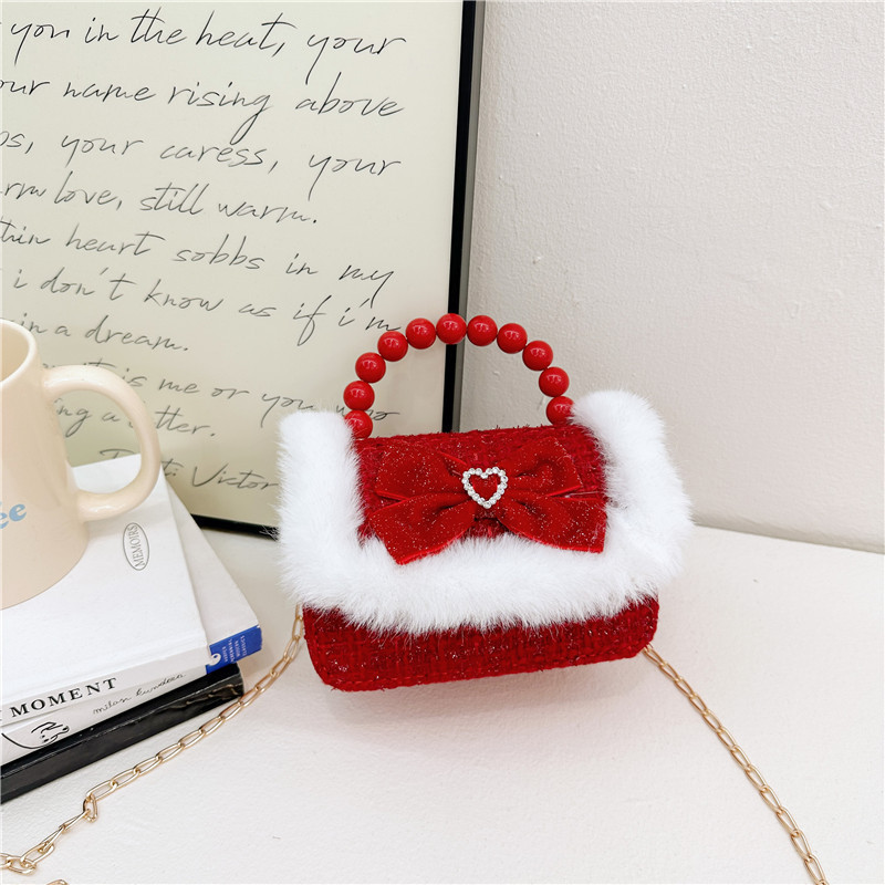 Año Nuevo gran bolso cuadrado rojo para niños bolso de perla bebé lindos bolso de cadena de arco bolso de cambio de niñas