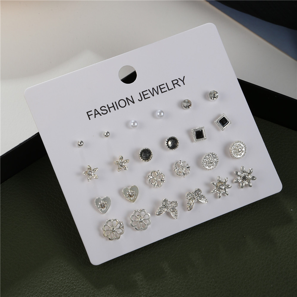 Korean Simple Geometric 12 Pairs Of Diamond Earrings Butterfly Flower Combination Earrings Wholesale display picture 4