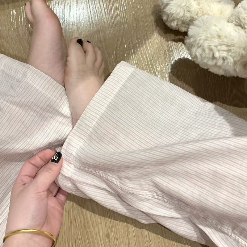 简约圆领条纹睡衣女春秋新款长袖长裤韩系甜美少女学生家居服套装|undefined
