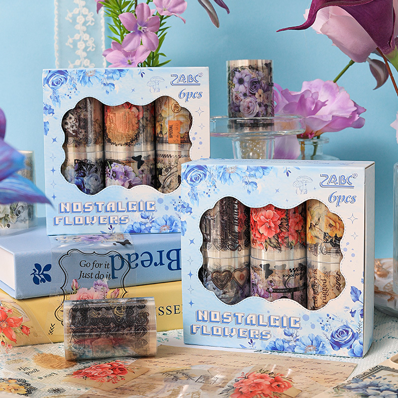 Flores nostálgicas, cinta adhesiva impermeable transparente, caja de bricolaje, pegatinas de diario de cuentas de mano, pegatinas de flores retro transfronterizas