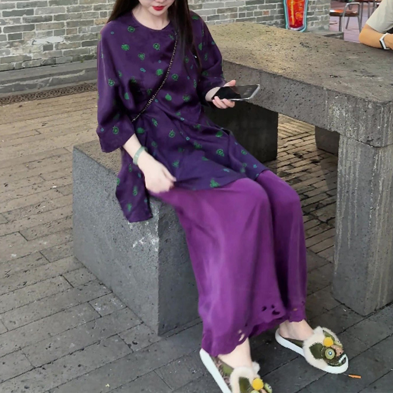 复古新中式国风套装2025夏季宽松显瘦紫色碎花上衣阔腿裤两件套女|undefined