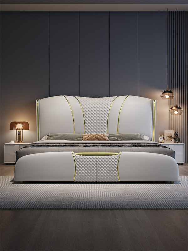 Light Luxury Leather Bed 2025 New Style. 1.8m Double Master Bedroom 1.5m Solid Wood Bed Classy Atmosphere Light Luxury Leather Bed 2025 New Style. 1.8m Double Master Bedroom 1.5m Solid Wood Bed Classy Atmosphere