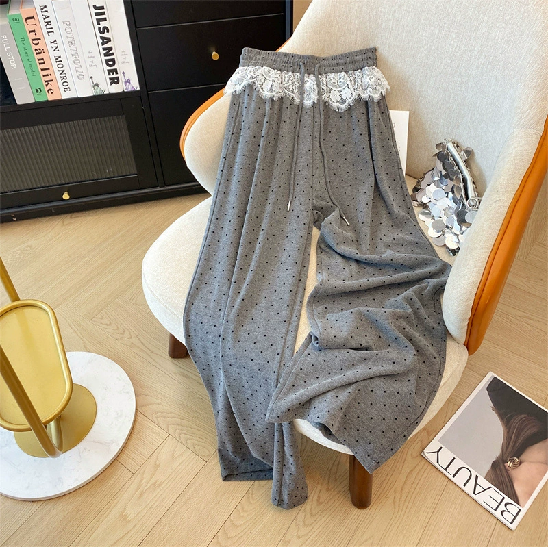 Кружевные волнистые прямые повседневные брюки Женская весна 2025 новый ленивый ветер высокая талия тонкая, свободные широкие брюки