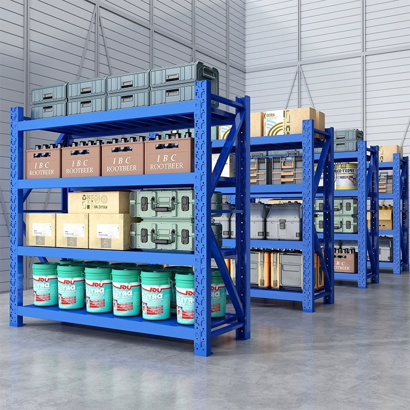 Estanterías de almacenamiento azules de tres niveles para uso doméstico, estanterías de hierro para balcones, almacenamiento en almacenes, estanterías de acero para sótanos de supermercados.