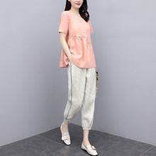 棉麻2024夏装新款时尚休闲套装女韩版遮肚显瘦洋气减龄亚麻两件套