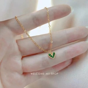 Palace Style Vintage 925 Sterling Silver Heart-Shaped Green Diamond Necklace Women's French Exquisite Simple 14K Emerald Plated Clavicle Chain
