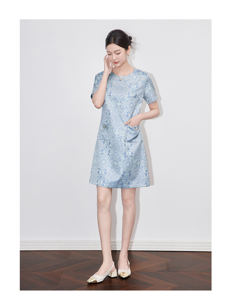 Váy chữ A jacquard lụa vàng phong cách quốc gia tay ngắn chất lượng cao — Màu xanh lam chi tiết 7