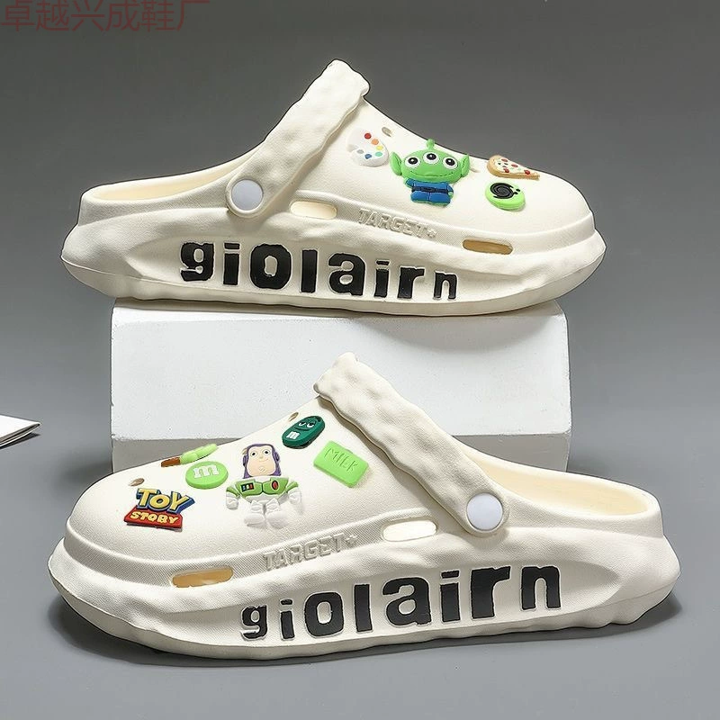 Мужские пещерные туфли для летнего ношения 2024 новые носки толстое дно нескользящие тренды сетки красный пляж Баотоу половинные тапочки