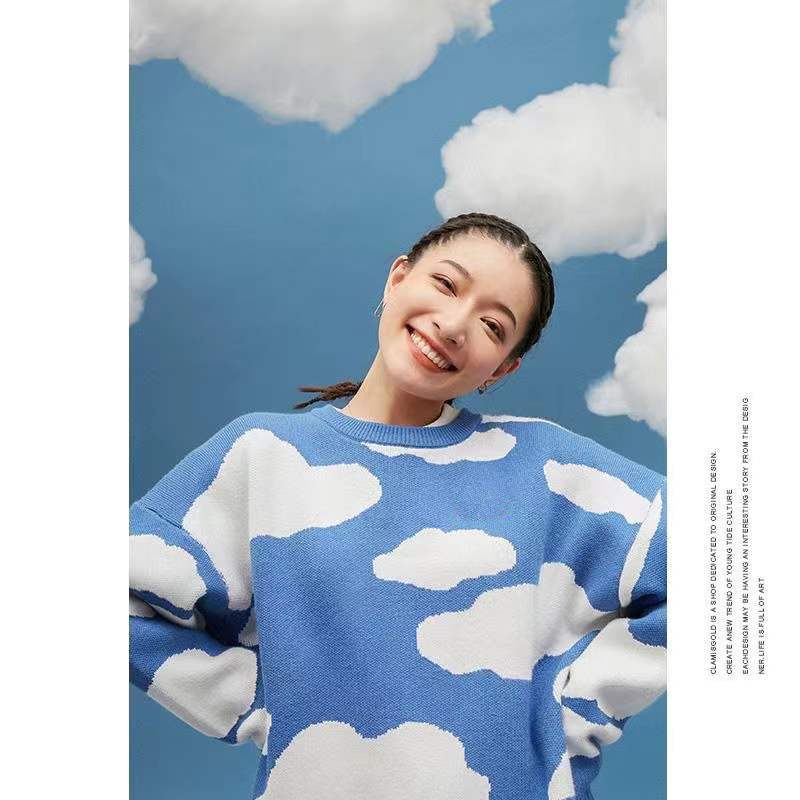 國(guó)潮牌嘻哈藍(lán)天白云寬松套頭毛衣男女情侶加厚針織外套