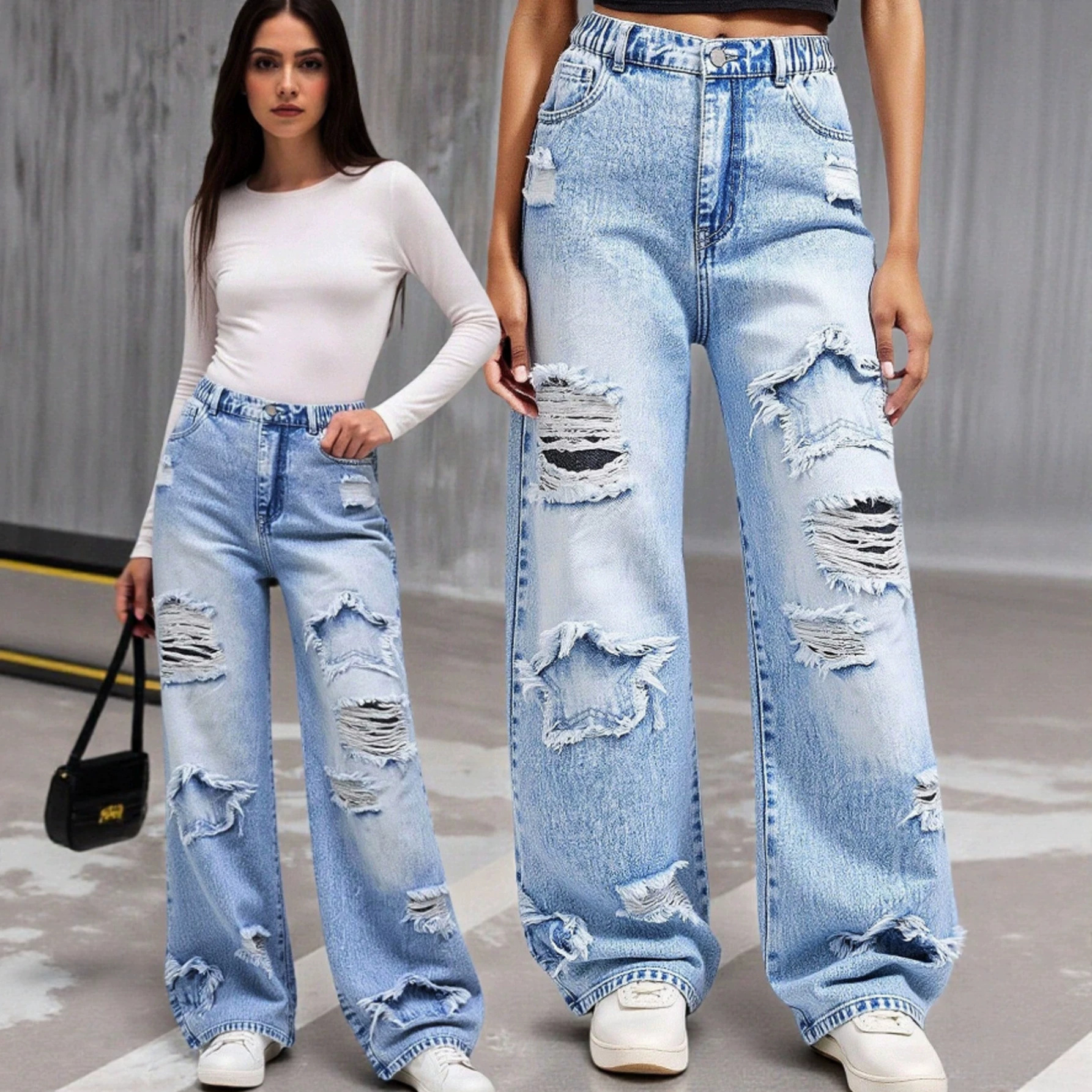 Cross-Border Girls' Spring and Autumn Jeans New Style for Older Children, Loose Casual Straight-Leg Pants, Stylish Versatile Wide-Leg Pants for Kids