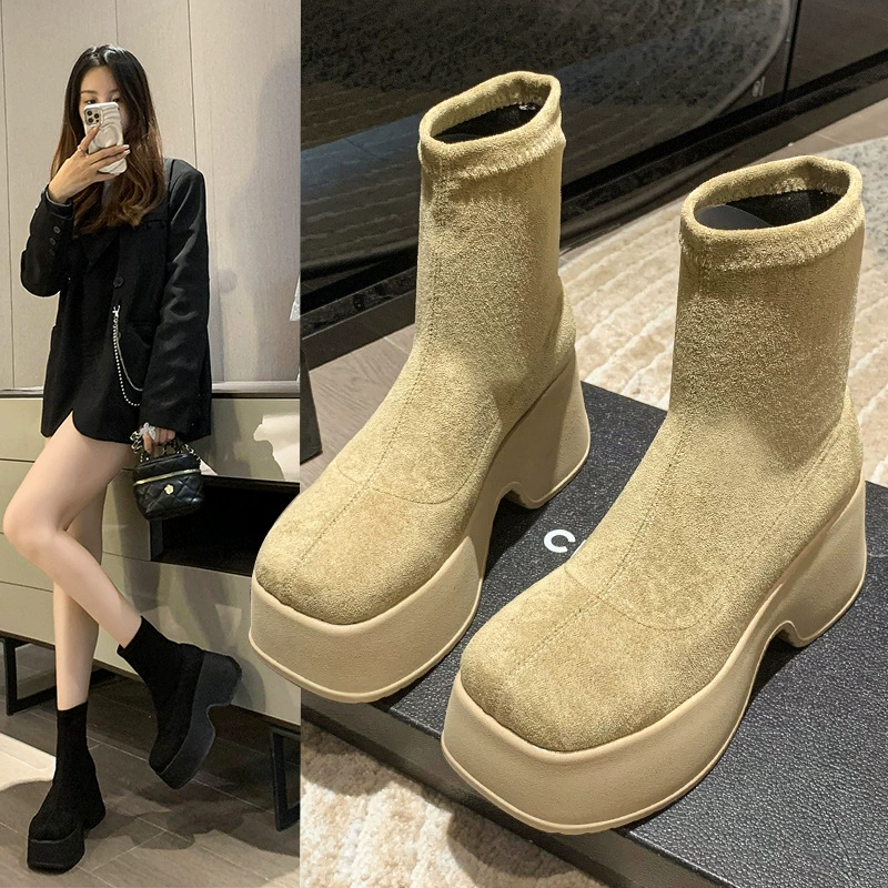 2023 осенне-зимние европейские и американские модные женские короткие сапоги на толстой подошве на танкетке, тонкие эластичные сапоги на среднем каблуке, сапоги из бисквита