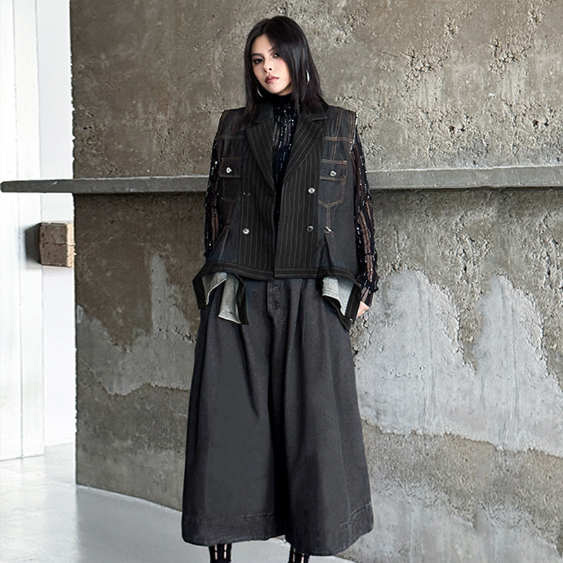 American Retro Color-Blocked Striped Sleeveless Denim Vest, New Autumn and Winter Style, Loose Fit, High-End Feel, Versatile and Fashionable Jacket