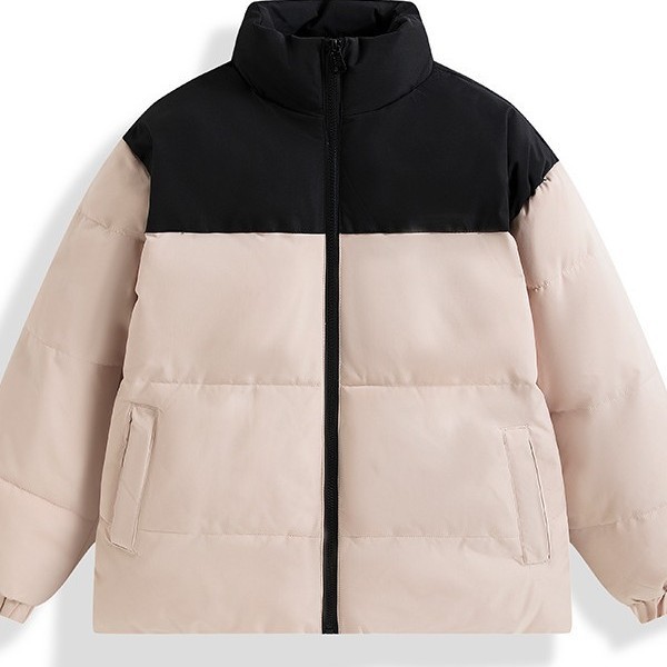 Unisex cotton-padded jacket, featuring a patchwork design with Oxford cloth accents, suitable for couples, and ideal as a men's outerwear piece