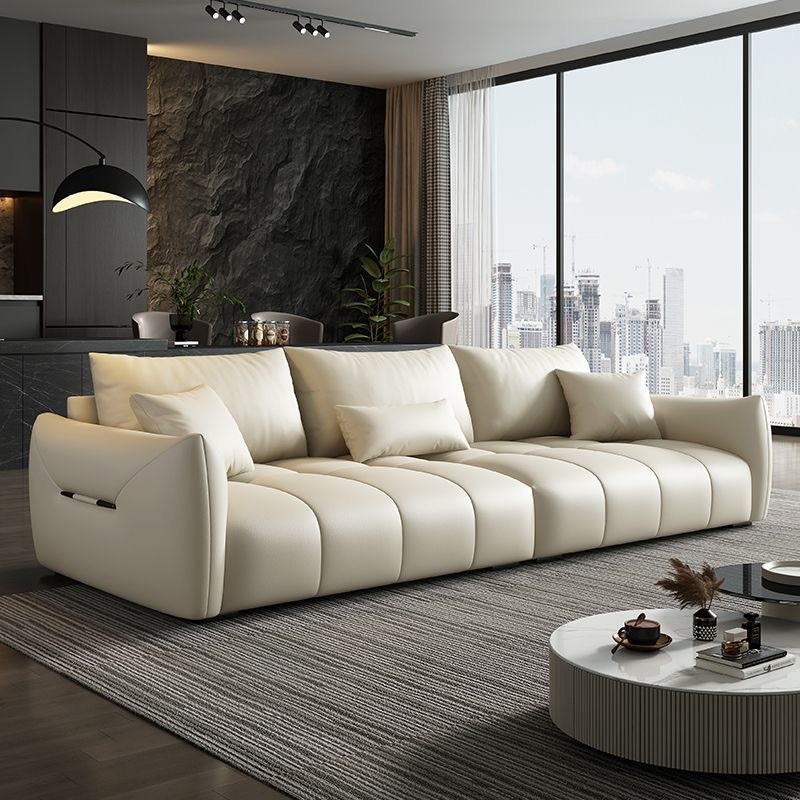 Italian-Style Cream-Colored Tech-Skin Cat-Scratch Resistant Sofa with Wide Legs for Small Living Rooms, Pine Wood Frame, Three or Four-Seater