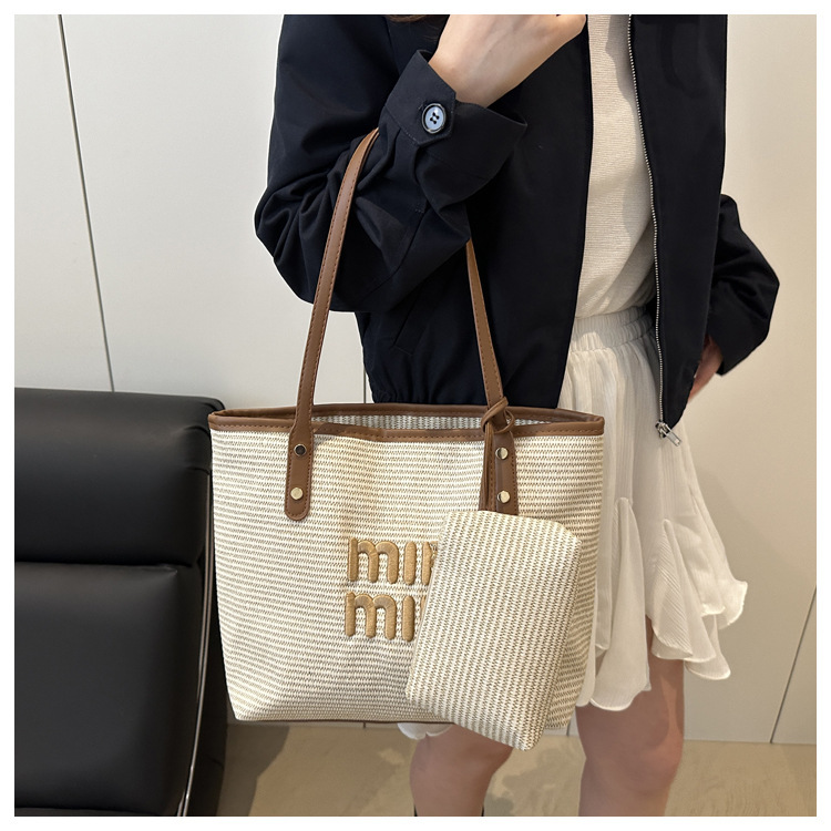 Summer Woven Tote Bag, Vintage Miu Letter Leather and Straw Bag, Large Capacity Commuter Shoulder Bag