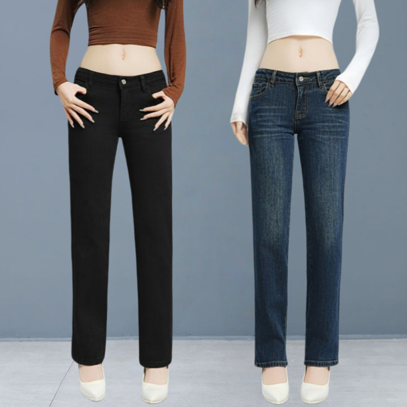 Low-Waist Women's Straight-Leg Cigarette Jeans, Loose Fit, Slimming, Stretchy, Versatile, Sexy, Cropped, Low-Rise Women's Jeans