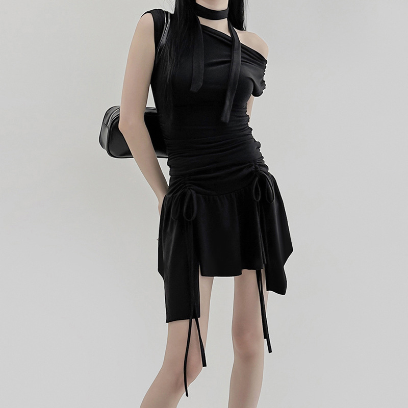 Sexy Drawstring Lace Pleated Waist Tight Slimming Irregular Asymmetric Dress Multiple Wear off the Shoulder Slim Fit