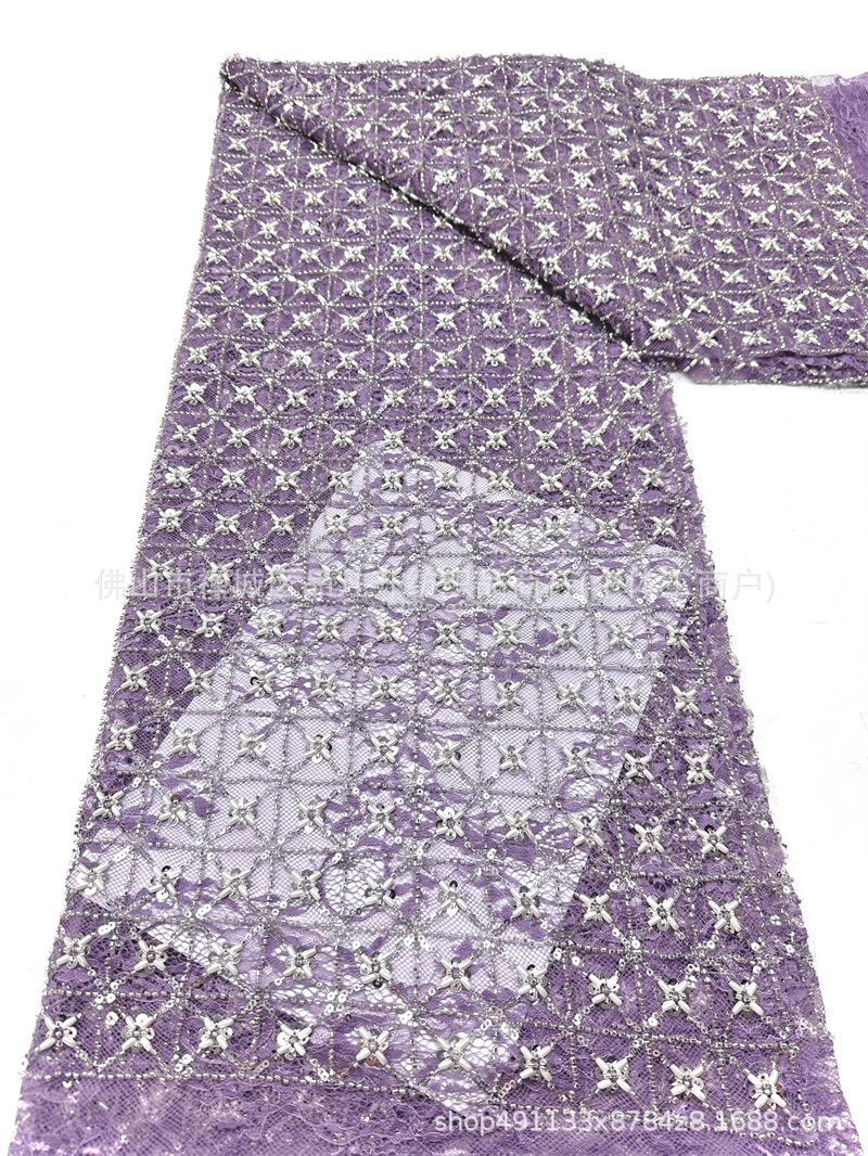 Blanco pesado clavos de cuentas sequinilla tela de encaje cuadrilátero cosido a mano perla sequinilla vestido tela