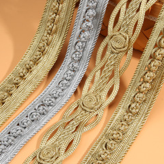 Factory-direct gold-thread lace barcode—handcrafted gold and silver woven ribbon, ideal for decorative accessories and trims on European and American-style outerwear.