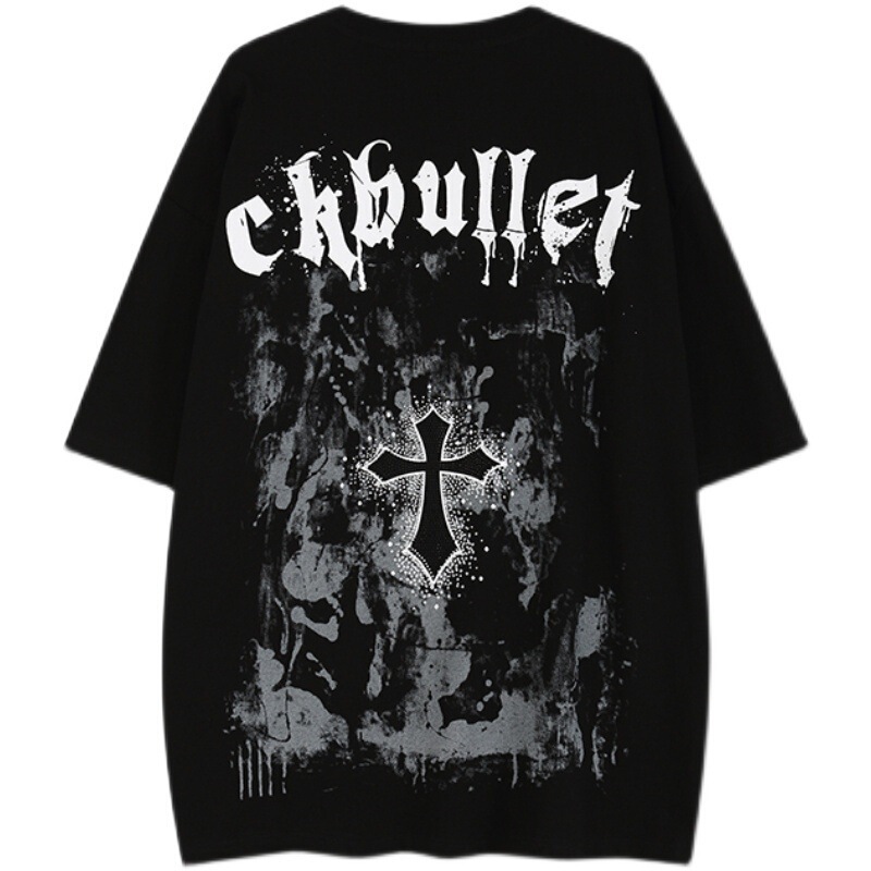 Cross-border American Retro High Street Trendy Cross Short-sleeved Men's Casual plus size Ins Half-sleeved T-shirt Couple's Men's and Women's Top