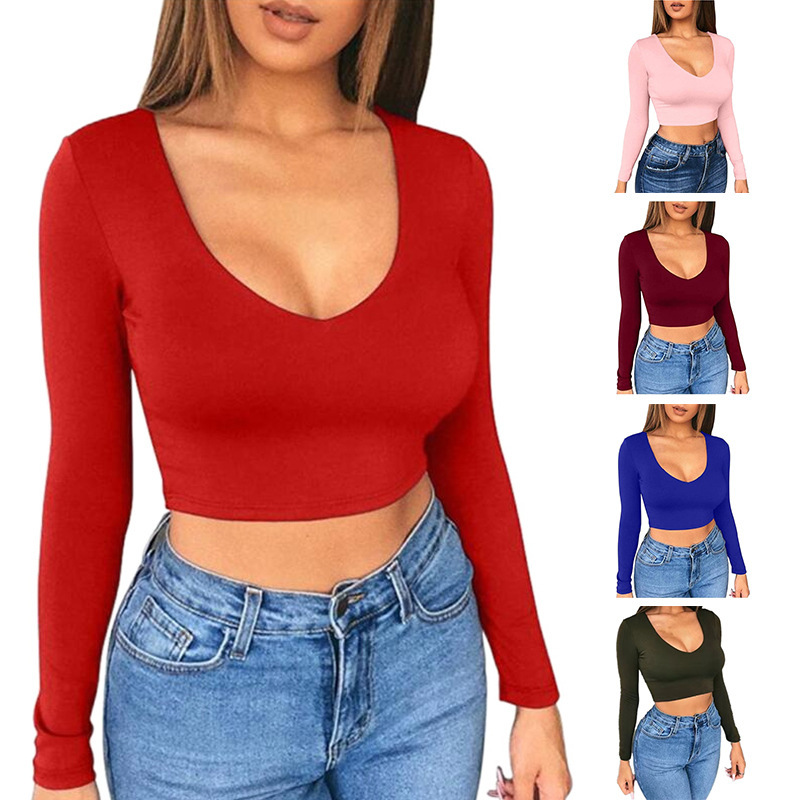 Hot Girl Style Solid Color Crop Top Ultra-Short Low-Cut Exposed Navel Tight-Fitting Pullover Long-Sleeve T-Shirt Slim Fit