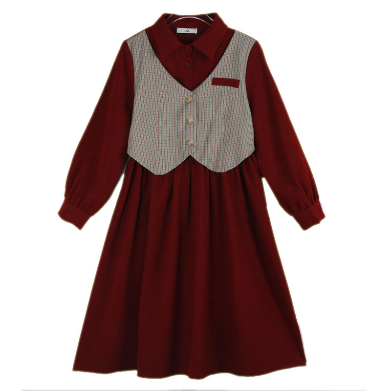 Estilo coreano falso chaleco a cuadros de dos piezas para niñas Vestido de manga larga estilo preppy Otoño e Invierno mono de color de contraste de solapa roja para niñas