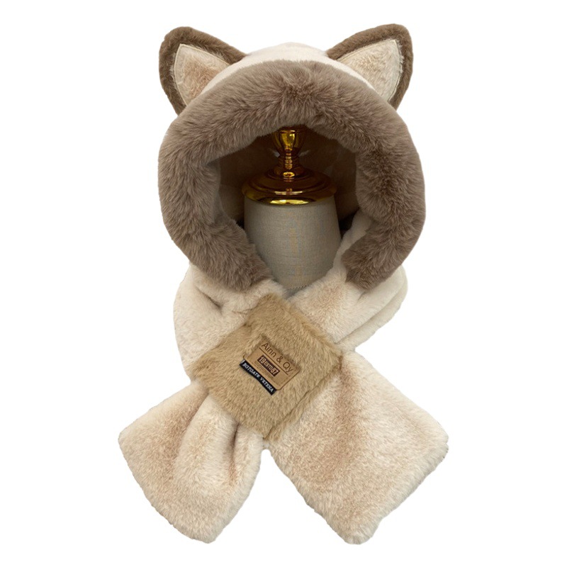 Hat scarf integrated women's winter cycling windproof hat cold-proof warm all-match plush thickened scarf pullover hat