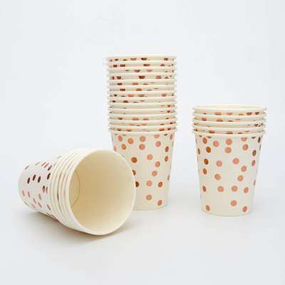 Hot Rose Gold dot desechable degradable plato de papel taza de papel cuchillo, tenedor y cuchara vajilla traje hotel restaurante comida occidental suministros