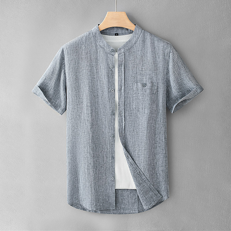 Men's Linen Short-sleeved Shirt Men's Summer Vertical Collar Cotton Linen Top Basic Cardigan Shirt Simple Loose Breathable