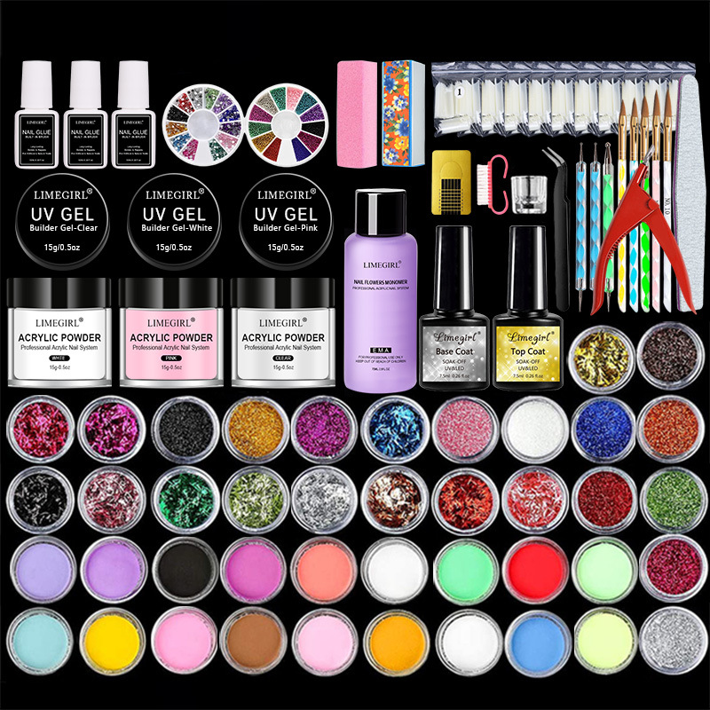 Set de Práctica de Uñas Francesas de Amazon, Polvo de Cristal, Líquido Cristalino, Blanco, 42 Colores, Capa Base, Capa Superior