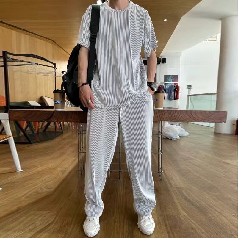 Casual suit Ice Silk Sports Men's Summer Thin Short-sleeved T-shirt Quick-drying Long Pants Wear Half-sleeved Clothes Set