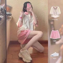 カジュアルスポーツウェア新型ファッション塩甘系学院風ゆるい半袖半ズボンセット2点セット女性夏潮