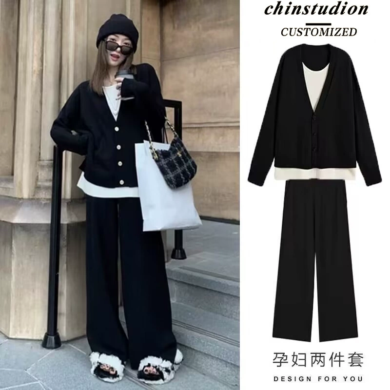 2023 Осенне-зимняя одежда для грудного вскармливания Горячая мама Послеродовая свободная одежда для грудного вскармливания Поддельная вязаная одежда из двух частей