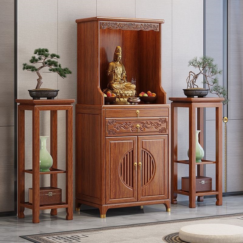 New Chinese Style Solid Wood Buddha Table with Door, Walnut Household Standing Cabinet, Tribute Table, Guanyin Shrine, Offering Table, Buddha Cabinet