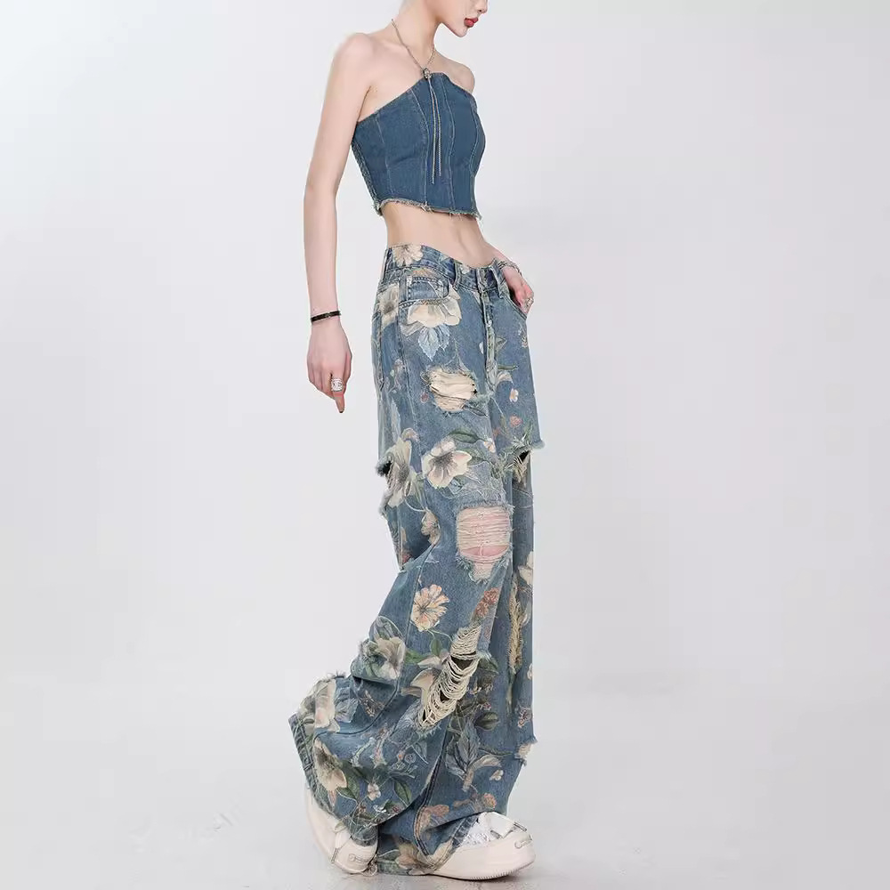 American Style Retro Printed Ripped Jeans Women's 2024 Summer New Loose Straight Long Pants with Wide Legs