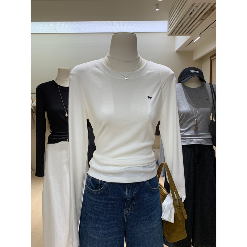 Happy Healing Little Horse Embroidered Round Neck Long Sleeve T-Shirt, Autumn Comfortable Tencel Wool Versatile Loose Base Top