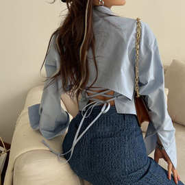 韩国chic小众性感甜酷辣妹设计后绑带修身显瘦长袖衬衫上衣