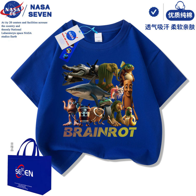 NASA 外山海経サメ忍者半袖ボーイズ 2025 新しいウッドスティックマンピュアコットン Tシャツ中大型子供用トップ|undefined
