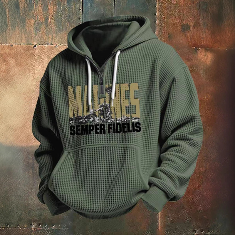 2025 New Amazon Hot-Selling European and American Men's Hooded Sweatshirt with 3D Print Double Hood Zipper Sweatshirt Men's Waffle Style