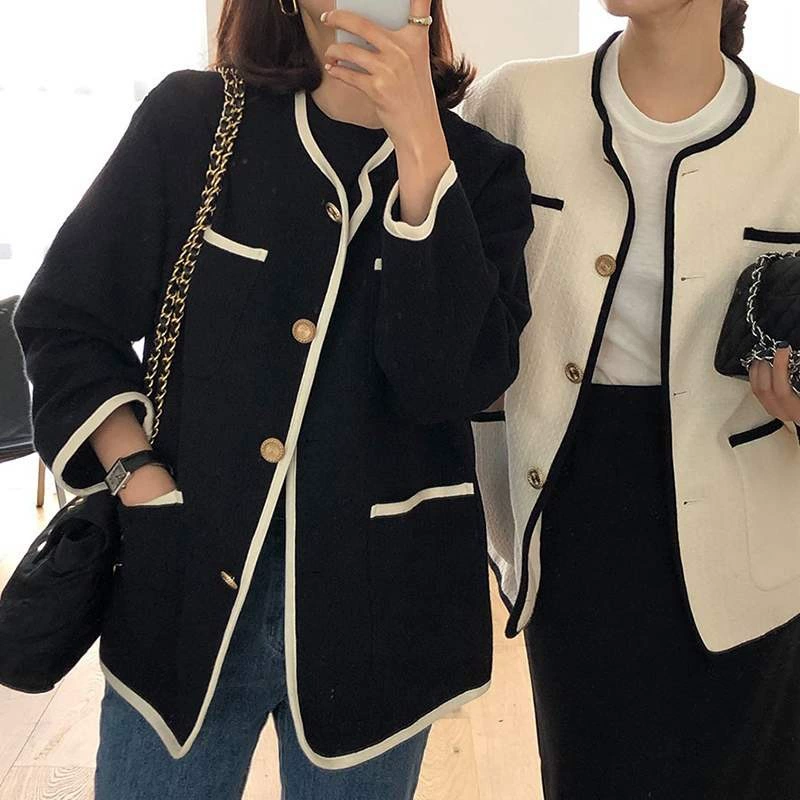 Демисезонная куртка с лентой и круглым воротником,coat, корейский стиль, стиль Chanel, свободный крой
