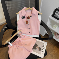 韓版2023夏季新款女童韓版開衫無袖套裝寶寶短褲開衫兩件套套裝潮