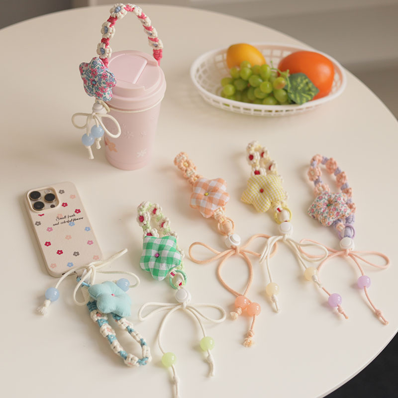 Ins Cute Water Cup Pendant Woven Flower Bowknot Case Mobile Phone Chain Bag Hanging Dual-purpose Anti-drop Lanyard Decoration for Women