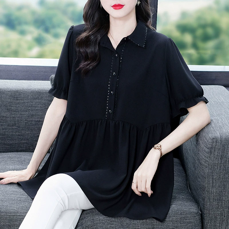 Толстый MM Лето отворотом кружева края темперамент коммутируя с коротким рукавом дисплей Тонкий шифоновый рубашка Топ в возрасте женщин