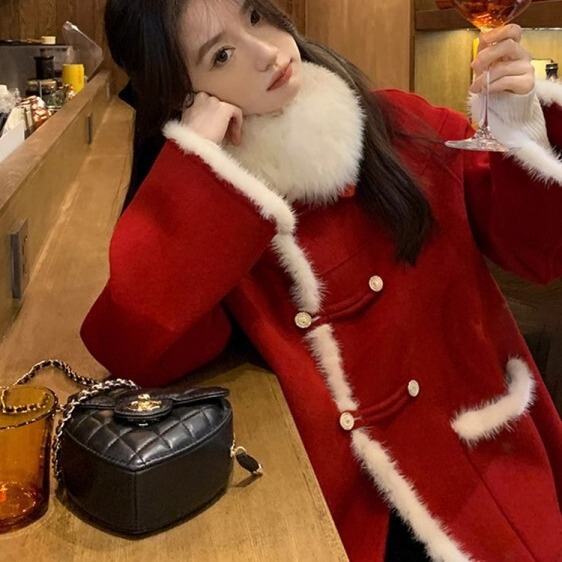 2023 new autumn and winter high-end red cashmere coat woolen coat toast Bride wedding back-to-door engagement dress 2023 new autumn and winter high-end red cashmere coat woolen coat toast Bride wedding back-to-door engagement dress