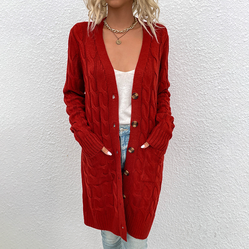Suéter de punto largo estilo lluvia fina europeo y americano para mujer, otoño/invierno 2025, cárdigan nuevo con botones, ideal para comercio exterior, disponible en Amazon.