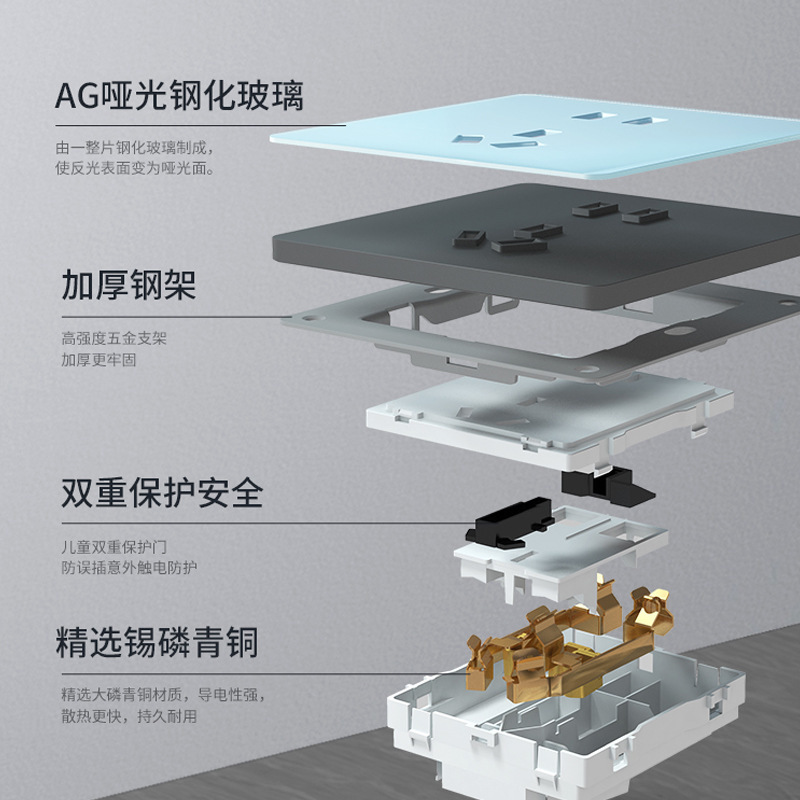 Type 86 Ultra-Thin Tempered Glass Switch Socket Panel Dual-Control Wall Household One-Open 5-Hole USB Power Socket